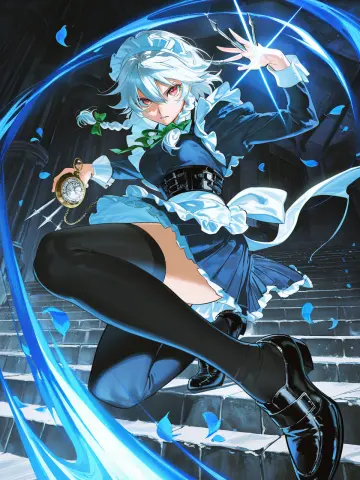 masterpiece, best quality, ultra-detailed, anime style illustration, cel shading, high contrast, dramatic cool lighting, dynamic combat pose, 1girl, izayoi sakuya\(touhou\), short silver-white hair, side braid, red eyes, determined expression, cold expression, slight blush, frilly maid uniform, maid headband, ruffled apron, corset, pleated skirt, thighhighs, leather shoes, holding throwing knives, antique pocket watch, dark industrial background, steel stairs, metal railings, throwing knives in air, dynamic motion lines, steel blue color scheme, dark purple tones, sharp reflections, chromatic aberration, deadly atmosphere, 8k resolution, dynamic action pose, low angle shot, rose petals, elegant deadly atmosphere, guilty gear style, cel-shaded action, sharp silhouettes, exaggerated motion