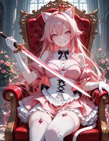 score_9, score_8_up, score_7_up,high resolution, source_anime, absurd_res, looking at viewer, 1girl, cute, adult, pink hair, long hair, pink eyes, pale skin, cat ears, demon tail, sharp teeth, corset, pink dress, white gloves, white thighhighs, mini crown, sitting, throne, grin, holding pink sword, ((4k,8k,Ultra HD)),((Masterpiece :1.2)),((Best quality :1.2)),((Detailed :1.5)),((Detailed background :1.5)),