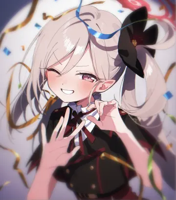 tomose_shunsaku, wakaba_mutsumi, a modern anime illustration in the painterly yet clean style of Tomose Shunsaku. A girl with long, silvery-white hair styled in a side ponytail, tied with a large black flower-shaped ribbon. She has a playful, mischievous smile with one eye closed in a wink, and her cheeks are flushed pink. She wears a black military-style uniform with red trim, gold buttons, and a white collar with a black bow. One hand is raised toward the viewer with an open palm, while the other forms a small heart gesture near her cheek. The scene is filled with floating confetti and curling ribbons in gold, blue, and green, creating a festive atmosphere. The illustration has soft lighting, smooth cel-shading, bright highlights, and a shallow depth-of-field effect.