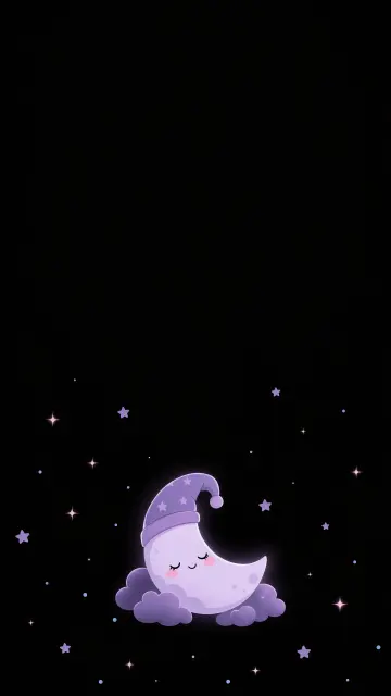 Create a vertical black cute wallpaper with a deep near-black background and a small original sleepy crescent-moon character resting near the lower center. Add a sparse arrangement of tiny lavender stars, pale-blue dots, and soft pink sparkles around the lower half only. Minimal kawaii vector illustration, clean rounded shapes, controlled glow, high contrast, large empty black area in the upper third for the clock and notifications. No text, no logo, no border, no existing franchise character.