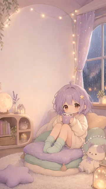 Create a vertical cute wallpaper featuring an original chibi character with short lavender hair, warm brown eyes, a cream oversized sweater, mint socks, and a tiny star-shaped hair clip. The character sits on a stack of soft cushions near the lower right, holding a small cup of cocoa. Cozy bedroom background with rounded furniture, fairy lights, and a rainy window, pastel lavender, cream, mint, and warm amber palette. Leave the upper-left area quiet for lock-screen information. Soft illustrated lighting, no text, no logo, no copyrighted character references.