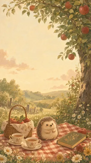 Create a vertical cute cottagecore wallpaper showing a small picnic beneath an apple tree. Include a gingham blanket, a woven basket, two teacups, a closed storybook, tiny daisies, and an original round hedgehog character near the lower center. Warm cream, muted red, sage green, and honey-yellow palette, soft storybook gouache texture, late-afternoon light. Keep the upper sky and tree canopy gentle and uncluttered for the clock. No people, no text, no logo.