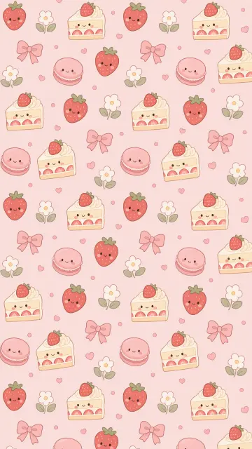 Create a vertical cute repeating wallpaper pattern with small smiling strawberries, cream cakes, pink macarons, tiny bows, and simple white flowers. Flat kawaii illustration, rounded outlines, evenly spaced motifs, soft blush-pink background, cream, strawberry red, and muted sage accents. Keep the pattern consistent in scale and avoid placing large objects in the center. Clean repeat, no words, no logos, no realistic food photography.