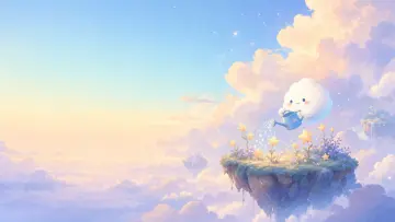 Create a landscape cute desktop wallpaper with a dreamy pastel sky, layered lavender and peach clouds, a small floating island on the right, and an original tiny white cloud character watering star-shaped flowers. Soft painted illustration, powder blue, lavender, peach, and cream palette, gentle depth and light haze. Keep the left third calm with a smooth sky gradient for desktop icons and folders. No text, no logo, no border, no existing character references.