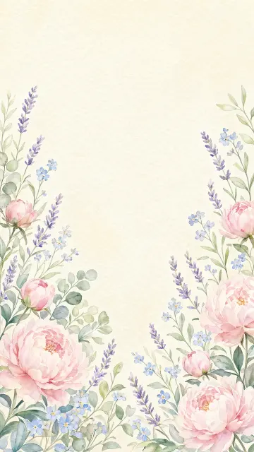 Create a vertical cute watercolor floral wallpaper with small blush-pink peonies, lavender sprigs, pale-blue forget-me-nots, and soft green leaves growing inward from the lower corners and side edges. Keep the center and upper third mostly open with a warm cream paper texture. Delicate hand-painted edges, light pigment variation, calm spring mood, balanced spacing, no vase, no insects, no text, no logo, no border.