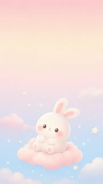Create a vertical cute phone lock-screen wallpaper featuring an original round white bunny sitting on a small pale-pink cloud. Soft kawaii storybook illustration, rounded shapes, blush cheeks, tiny cream stars and light-blue sparkles, pastel pink, cream, and powder-blue palette. Place the bunny slightly below center and keep the upper third clean with a smooth pastel gradient for the clock and notifications. Gentle soft light, simple background, no text, no logo, no border.